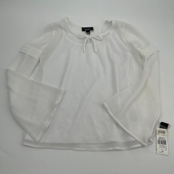 BCX Girl Top Large Womens White Casual Sheer Bell Sleeves Lightweight Tie New - Picture 2 of 12